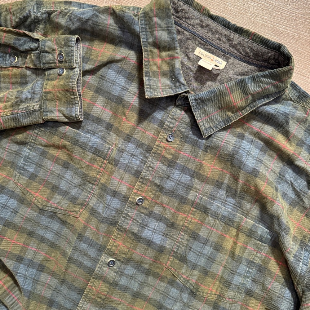 Carbon2Cobalt Shirt Men XXL Green Plaid Cotton Corduroy Rugged Heritage Workwear